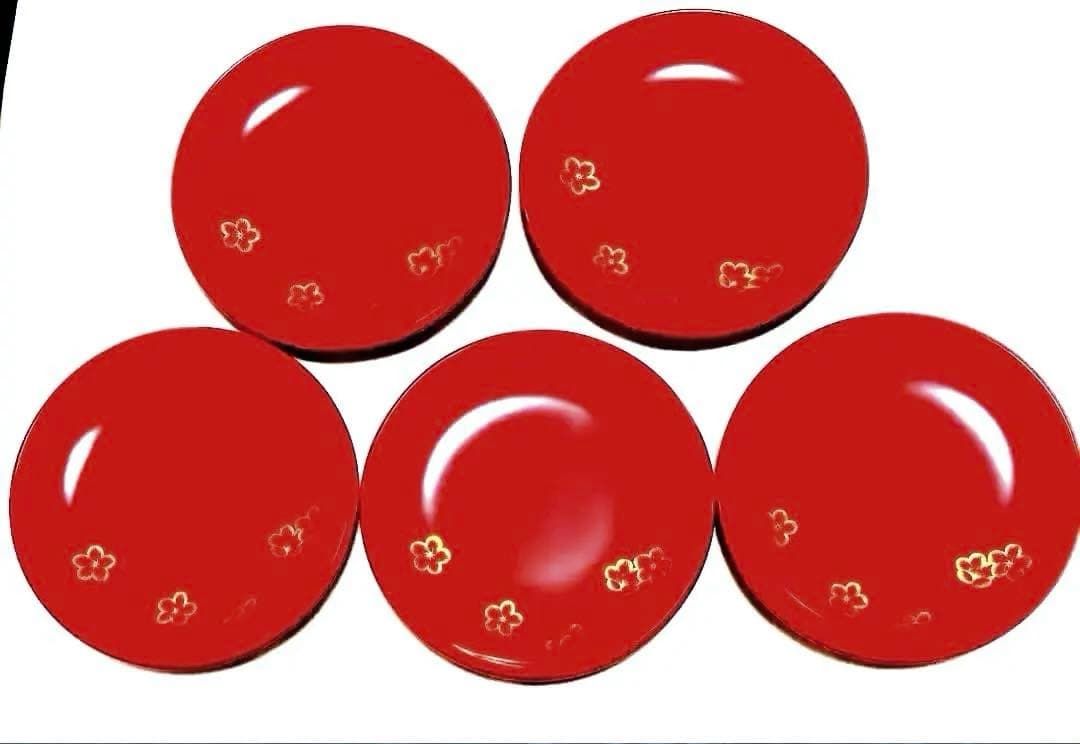 琉球漆器　5寸　銘々皿　梅　沈金　琉球塗　新品　５枚セット　お祝いの席に