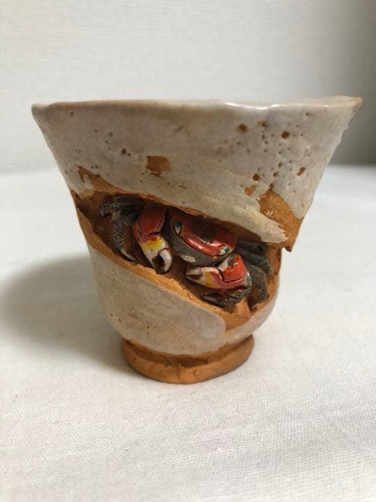 極上精密　天神蟹刻　ぐい呑　湯呑　酒盃　紙箱　茶道具　蟹細工　古美術品　水月焼